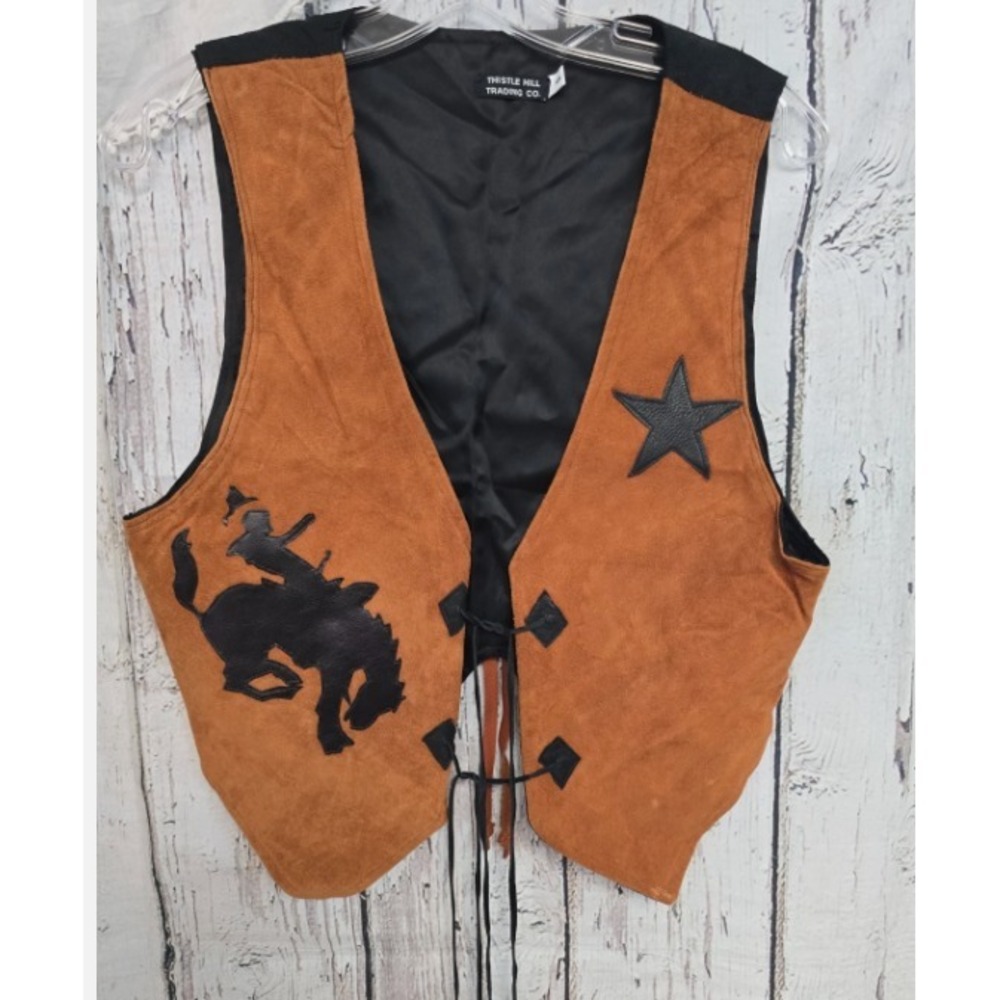 Thistle Hills Trading Co Handmade Montana Leather Vest Bronc Cognac Men's S